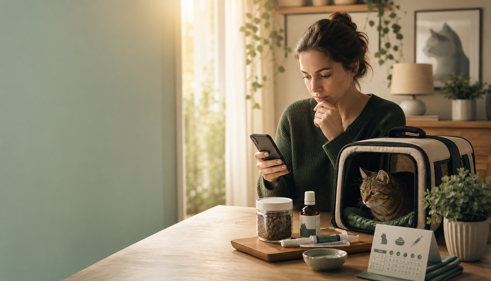 Cat owner preparing to contact a veterinarian with a cat carrier and recovery supplies nearby